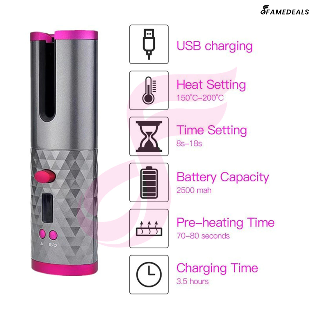Famedeals ™ - Wireless Auto Rotate Ceramic Hair Curler USB Rechargeable Portable Auto Curler