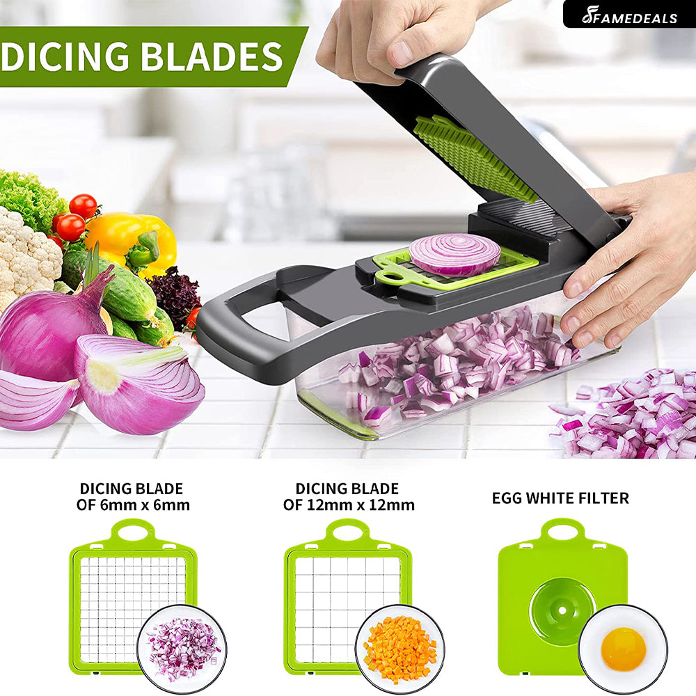 Famedeals.pk ™ - 12 in 1 Pro Vegetable Chopper, Onion Dicer with Container, Adjustable Manual Food Slicer with Stainless Steel Blades