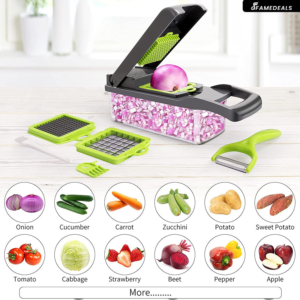 Famedeals.pk ™ - 12 in 1 Pro Vegetable Chopper, Onion Dicer with Container, Adjustable Manual Food Slicer with Stainless Steel Blades